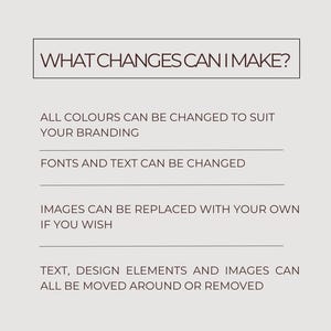 Puede incluir: Gr&aacute;fico beige con la pregunta "&iquest;QU&Eacute; CAMBIOS PUEDO HACER?" y vi&ntilde;etas que detallan las opciones de personalizaci&oacute;n. El texto incluye cambiar colores, fuentes, texto, im&aacute;genes y elementos de dise&ntilde;o. El fondo es de color beige s&oacute;lido.