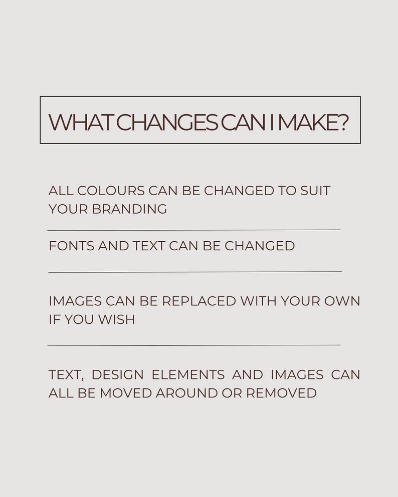 Puede incluir: Gr&aacute;fico beige con la pregunta "&iquest;QU&Eacute; CAMBIOS PUEDO HACER?" y vi&ntilde;etas que detallan las opciones de personalizaci&oacute;n. El texto incluye cambiar colores, fuentes, texto, im&aacute;genes y elementos de dise&ntilde;o. El fondo es de color beige s&oacute;lido.