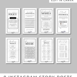 Könnte beinhalten: Acht Instagram Story-Posts im minimalistischen Schwarz-Weiß-Design. Die Beiträge behandeln Themen wie Stornierungsbedingungen, verfügbare Termine, Modelle, Kundenfeedback, Buchungsrichtlinien, Öffnungszeiten, Nachsorgehinweise und eine Preisliste. Text ist enthalten.