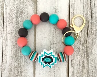 Aztec keychain wristlet, silicone bead wristlet, beaded keychain, gift for mom, beaded bracelet, keychain bracelet, western vibe bracelet