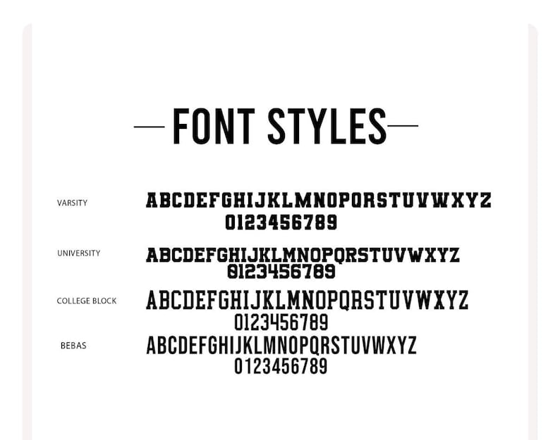 K&ouml;nnte beinhalten: Eine schwarz-wei&szlig;e Grafik mit der &Uuml;berschrift FONT STYLES, die vier verschiedene schwarze Schriftarten zeigt: Varsity, University, College Block und Bebas. Jeder Stil enth&auml;lt das vollst&auml;ndige Gro&szlig;buchstaben-Alphabet von A bis Z und die Ziffern 0 bis 9.