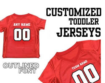Camisa de futebol infantil personalizada, réplica de camisa de futebol, camisa de futebol, fonte com contorno.