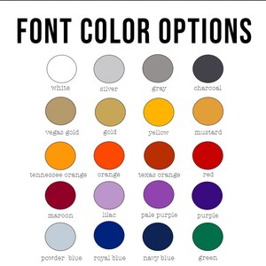 Pode incluir: Um gr&aacute;fico que mostra 16 op&ccedil;&otilde;es de cores de fonte diferentes para um projeto de design. As cores incluem branco, prata, cinza, carv&atilde;o, ouro de Las Vegas, ouro, amarelo, mostarda, laranja do Tennessee, laranja, laranja do Texas, vermelho, vinho, lil&aacute;s, roxo claro, roxo, azul p&oacute;, azul royal, azul marinho e verde.
