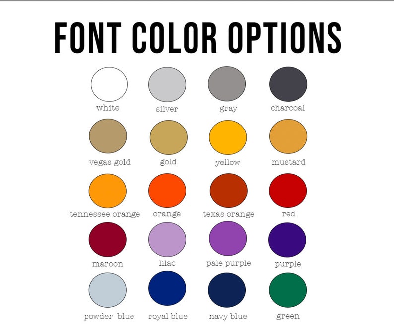 Pode incluir: Um gr&aacute;fico que mostra 16 op&ccedil;&otilde;es de cores de fonte diferentes para um projeto de design. As cores incluem branco, prata, cinza, carv&atilde;o, ouro de Las Vegas, ouro, amarelo, mostarda, laranja do Tennessee, laranja, laranja do Texas, vermelho, vinho, lil&aacute;s, roxo claro, roxo, azul p&oacute;, azul royal, azul marinho e verde.
