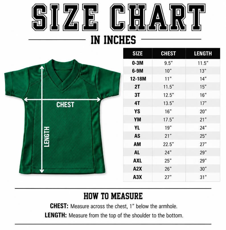 K&ouml;nnte beinhalten: Ein gr&uuml;nes Trikot mit V-Ausschnitt und einer Gr&ouml;&szlig;entabelle in Zoll. Die Tabelle listet Gr&ouml;&szlig;en von 0-3M bis A3X mit entsprechenden Brust- und L&auml;ngenma&szlig;en auf. Messanleitungen sind unten im Bild angegeben.