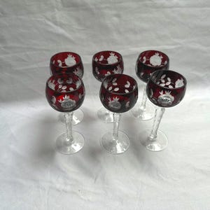 Vintage Crystal Ruby Cut to Clear Flower Wine Sherry Liquor Glasses Set of 6
