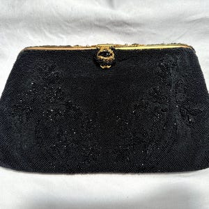Vintage Black and Gold Beaded Antique Clutch Evening Bag Made in France