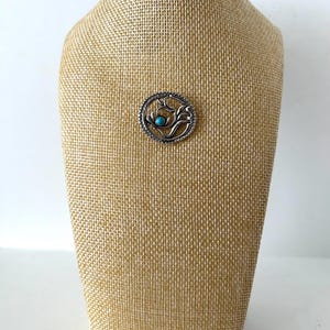 Vintage Sterling Silver 925 Oval Floral Pin Brooch with Center Blue Stone