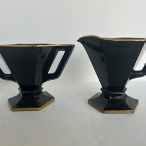 Vintage Black Amethyst Glass Sugar and Creamer Set: Art Deco Gold Trim