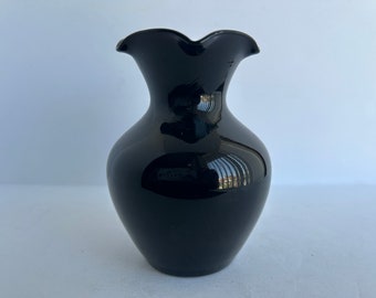 Vintage Black Amethyst Glass Hand Blown Art Bud Vase with Ruffled Edge Opening
