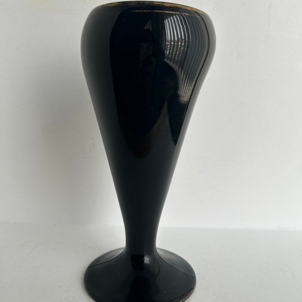 Vintage Black Amethyst Glass Tall Footed Vase with Gold Colored Band on Rim and Footed Base