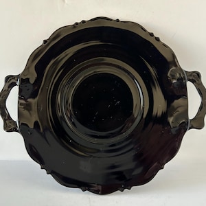 Vintage LE Smith Black Amethyst Glass Two Handled Footed Tray or Plate