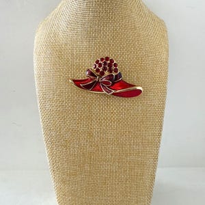Vintage Gold Tone Enameled Red Hat Bow with Red Rhinestones Pin Brooch