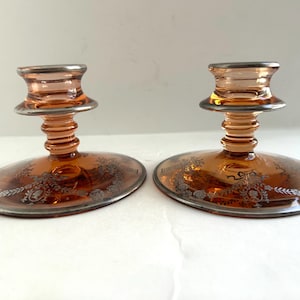 Vintage Fostoria Regency Pink Depression Glass Candle Holder with Silver Overlay, Set of Two