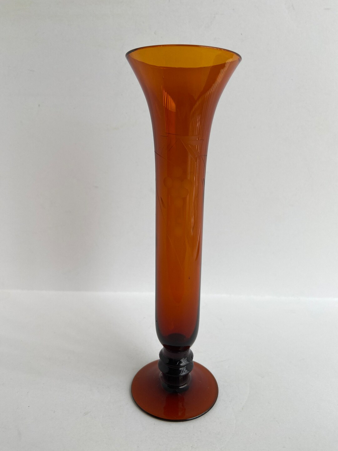 Vintage Amber Art Etched Glass Bud Vase Pedestal Base Etsy