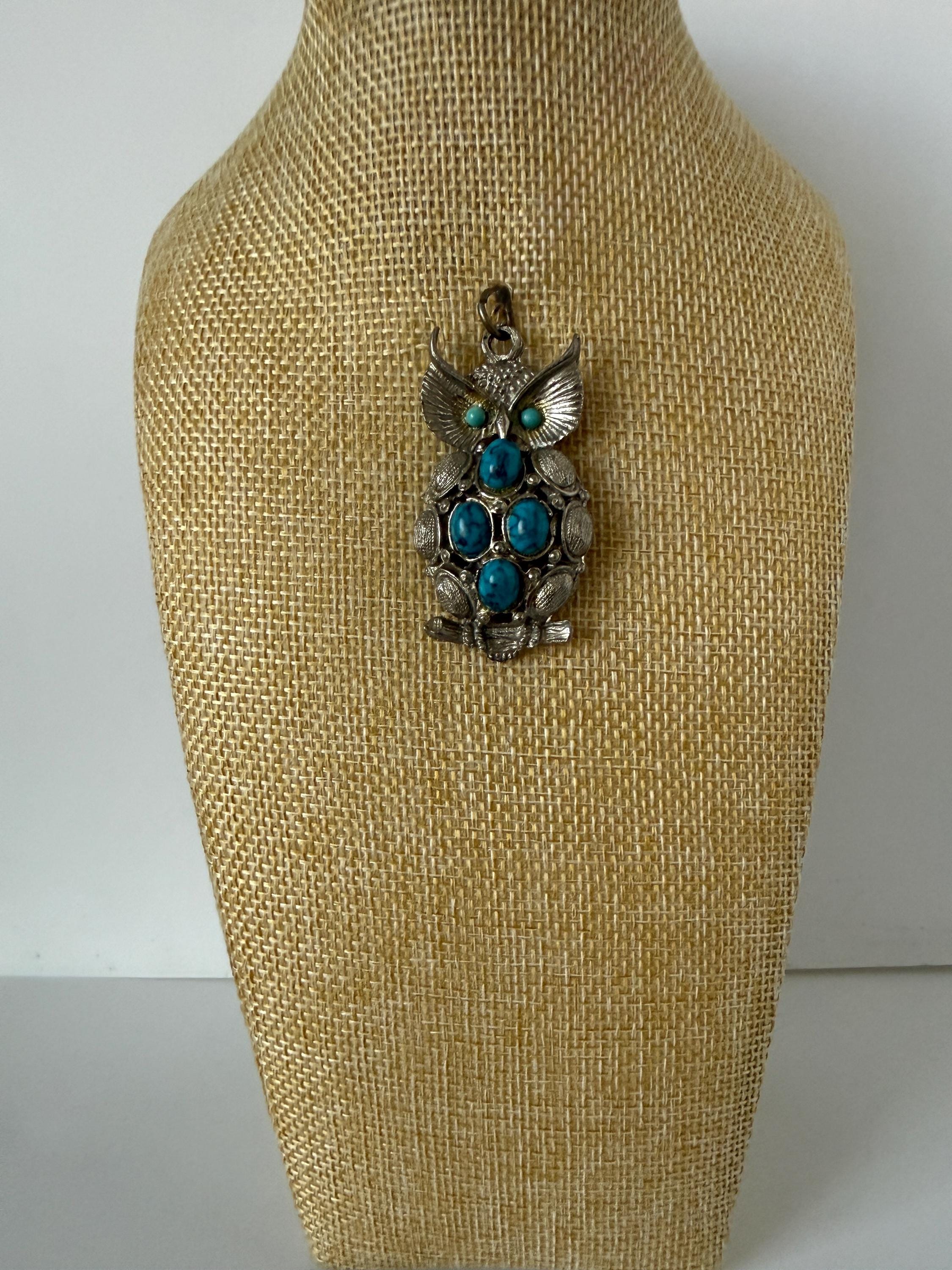 Vintage Silver Tone Owl Pendant with Faux Turquoise Stones