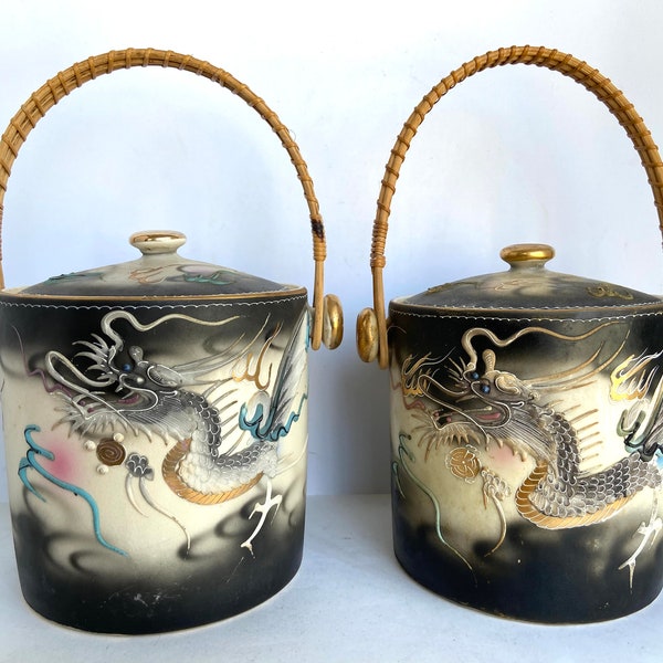 Vintage Japanese Large Biscuit Jar  or Ice Bucket with Original Wicker Handle Dragonware Moriage