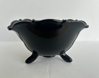 Vintage LE Smith Mount Pleasant Double Shield Black Amethyst Glass Triangle Rolled Side Bowl, Three Footed Bowl Dish