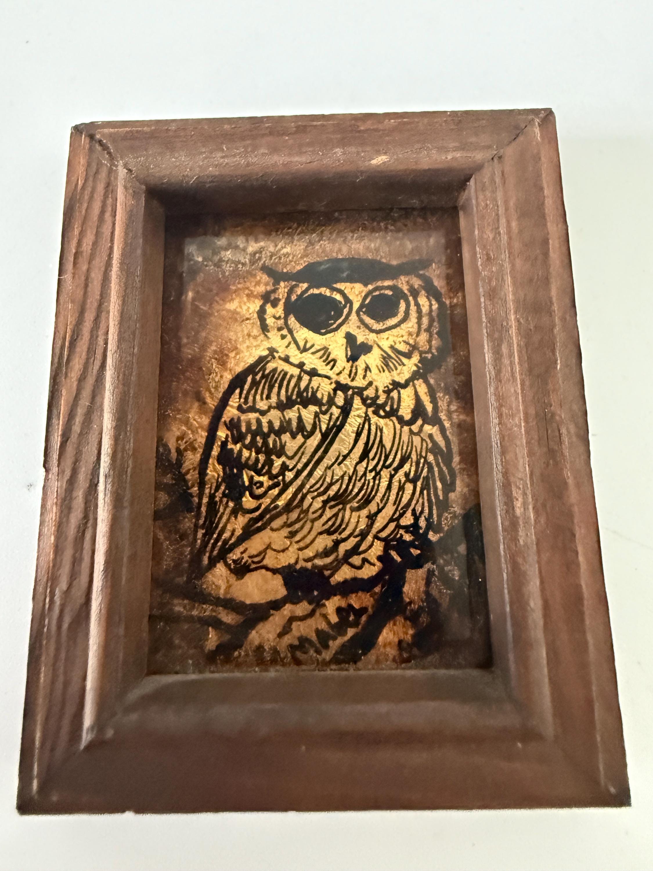 Vintage Folk Art Owl Miniature, Black Ink on Gold, Wooden Frame