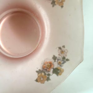Vintage Frosted Pink Glass Octagon Console Bowl With Handpainted Floral Decorations