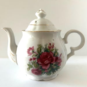 Vintage Moss Rose Porcelain Teapot with Handpaint Roses and Gold Trim Design