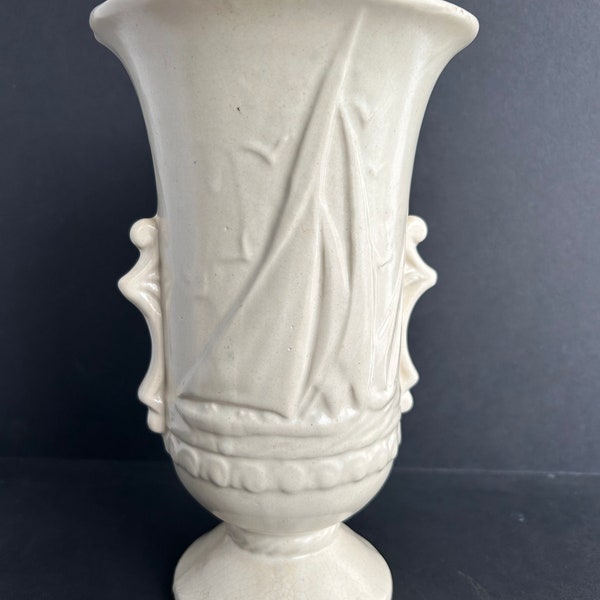 Vintage Nelson McCoy Pottery Matte White Sailboat Accent Vase with Round Base