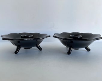 A set of Two (2) Vintage Fenton Black Amethyst Glass Lotus Three Footed Candle Holder