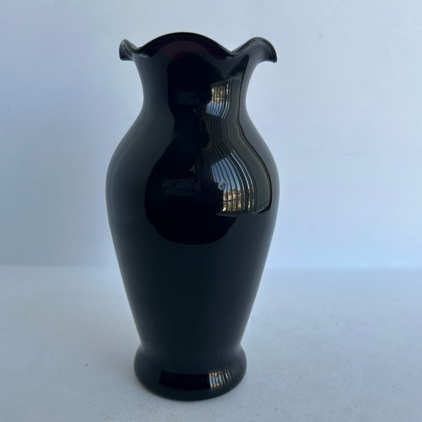 Vintage Black Amethyst Glass Hand Blown Art Bud Vase with Ruffled Edge Opening