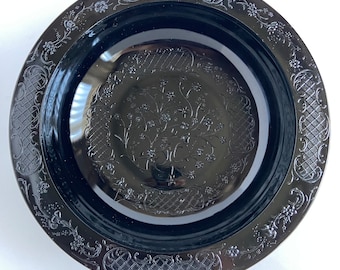 Vintage LE Smith Glass Co Black Amethyst Embossed Floral Pattern Three Footed Console Fruit Bowl