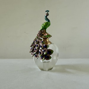 Vintage Gold Tone Enamel Rhinestone Bird of Paradise Peafowl Peacock Dauber on Empty Glass Perfume Bottle