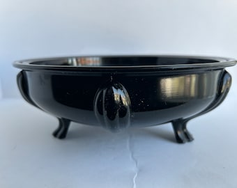 Vintage LE Smith Black Amethyst Glass Large Three Footed Lily Pond Bowl Dish Scrying Gazing Bowl