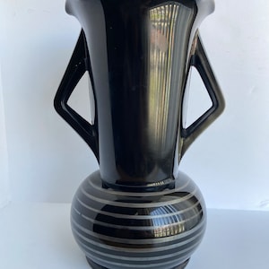 Vintage L.E. Smith Glass Company Art Deco Black Amethyst Glass Vase with Silver Overlay Stripes