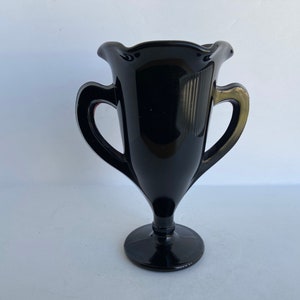 Vintage LE Smith Black Glass Small Trophy Vase with Ruffled Edge