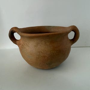 Vintage Handcrafted Two-Handled Unglazed Terracotta Bowl Cooking Pot Vase Olla Vessel Planter