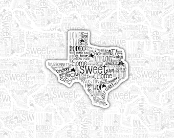 Pegatina del Estado de la Estrella Solitaria: Collage de palabras inspirado en Texas / Vinilo Orgullo Sureño para diarios, tecnología y regalos