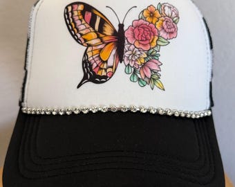 Butterfly Trucker Hat – Black & White Checkered Sparkle Brim Embellished Snapback