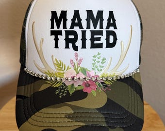 MAMA TRIED ~ Camo and White Trucker Hat