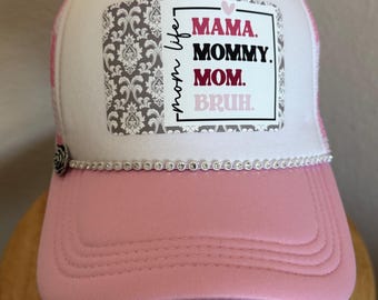 Mom Life  - Pink and White Checkered Mesh Trucker Hat