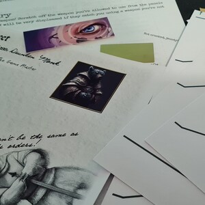 May include: A character sheet for a role-playing game with a handwritten note that says "Faction can't be the same as he is. My orders!"  The sheet has a drawing of a bear wearing armor and holding a sword. There are also two stickers on the sheet, one with a blue eye and the other with a black bear wearing armor.