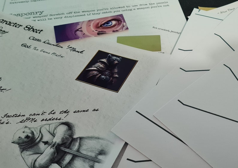 May include: A character sheet for a role-playing game with a handwritten note that says "Faction can't be the same as he is. My orders!"  The sheet has a drawing of a bear wearing armor and holding a sword. There are also two stickers on the sheet, one with a blue eye and the other with a black bear wearing armor.