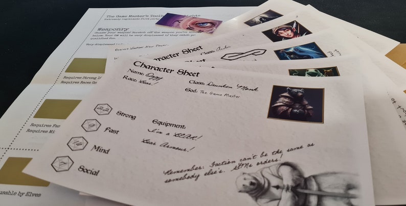 May include: A character sheet for a role-playing game with the name "Oggy" written on it. The character is a "Kine" race and a "Cheren Danken Monk". The sheet includes sections for "Strong", "Fast", "Mind", and "Social" attributes, as well as an "Equipment" section. The sheet also includes a handwritten note that says "Remember, faction can't be the same as somebody else's.  LYME orders!"