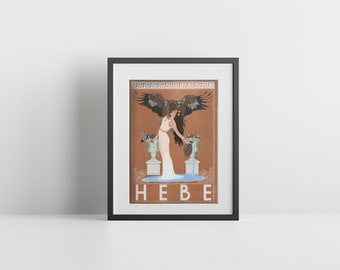 May include: A framed print of a woman pouring water from a pitcher. She is standing in front of a brown background with a large eagle's wings above her. The text "HEBE" is printed below the woman.