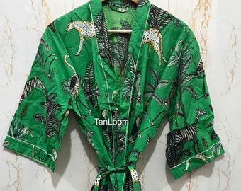 Cotton Kimono Robe Women, Tropical Safari Print Bathrobe, Lightweight Boho Loungewear