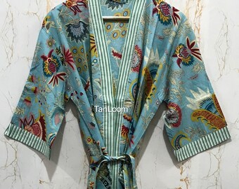Cotton Kimono Robe Women, Hand Block Print Bathrobe, Lightweight Boho Loungewear, Summer Robe