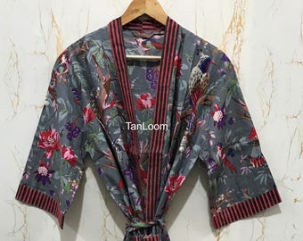 Cotton Lounge Robe, Exotic Bird Print Kimono, Beach Vacation Cover Up