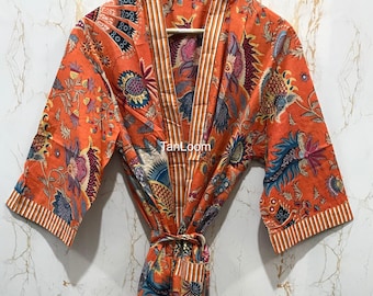 Tropical Cotton Bathrobe, Botanical Kimono Robe, Soft Floral Loungewear for Women