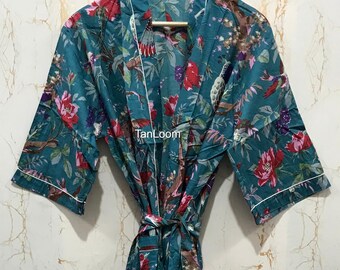 Handmade Cotton Kimono Robe, Bird Print, Women's Comfortable House Robe