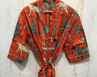 Jungle Print Cotton Kimono Robe, Exotic Bird Bathrobe, Handmade Summer Dressing Gown
