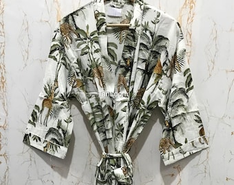 Lichtgewicht katoenen kimono met tropische jungleprint | Lange mantel | Handgemaakte tuniek voor dames | Resortstijl