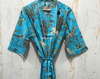 Handmade Cotton Kimono Robe, Jungle Print Block Print Robe, Bridesmaid Gift, Summer Loungewear